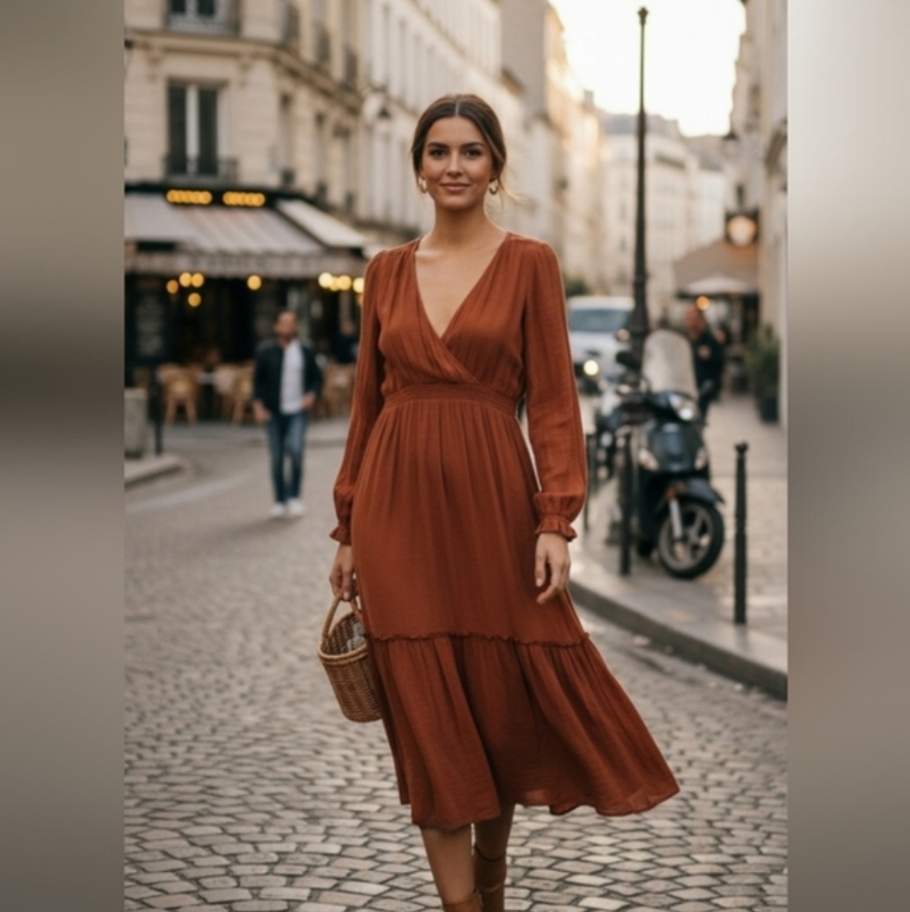Sezane Titiane V-neck Long Sleeve Midi Dress in  Rust - Size Medium
